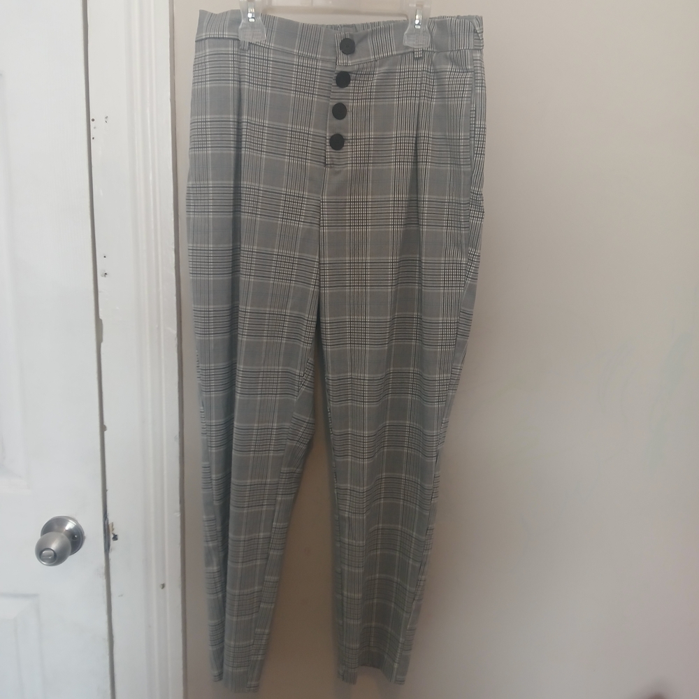 Zara Black Faux Button Gray Plaid Pull On Pants